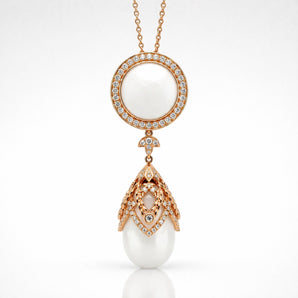18kt Rose Gold Tridana Salt Water White Clam Pearl & Diamond Pendant Necklace