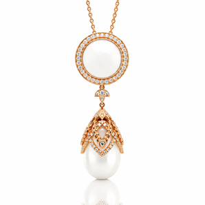 18kt Rose Gold Tridana Salt Water White Clam Pearl & Diamond Pendant Necklace